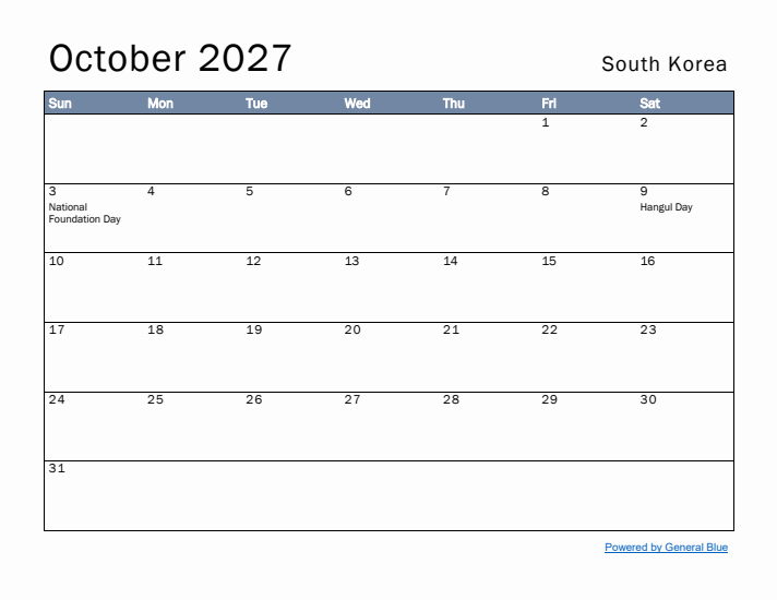 October 2027 Simple Monthly Calendar for South Korea