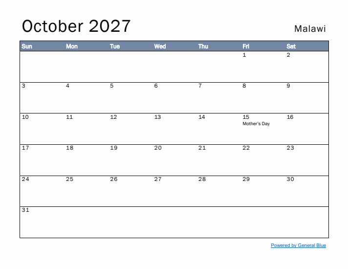 October 2027 Simple Monthly Calendar for Malawi