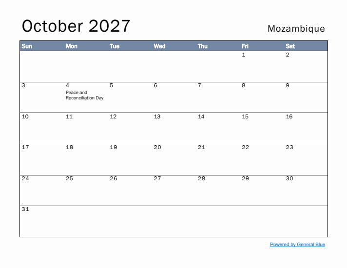 October 2027 Simple Monthly Calendar for Mozambique