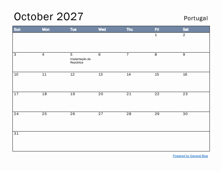 October 2027 Simple Monthly Calendar for Portugal