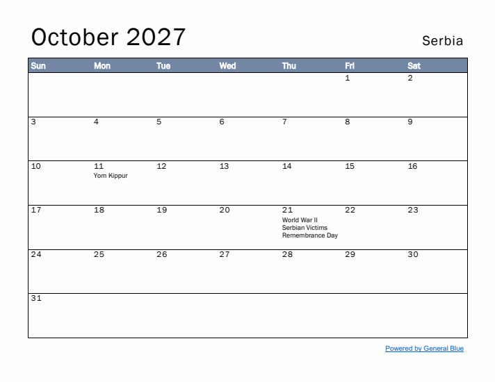 October 2027 Simple Monthly Calendar for Serbia