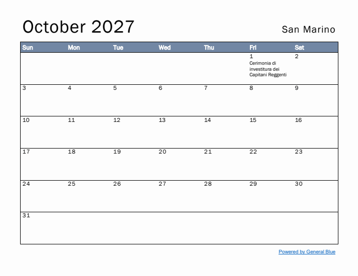 October 2027 Simple Monthly Calendar for San Marino