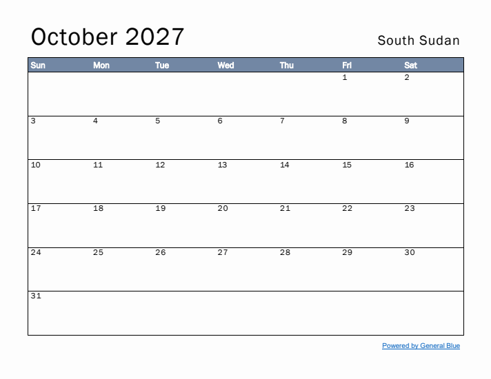 October 2027 Simple Monthly Calendar for South Sudan