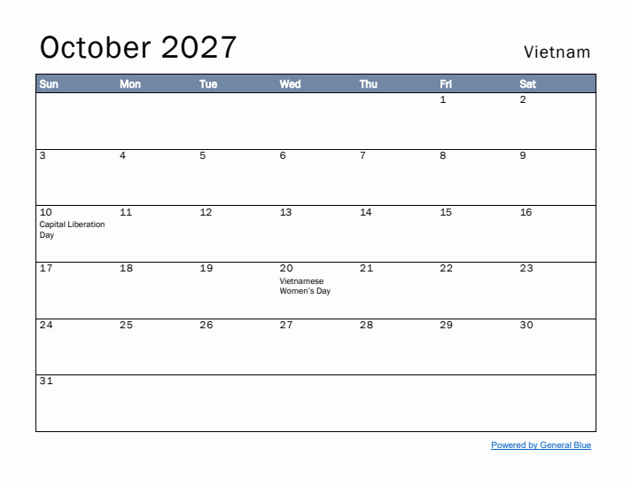 October 2027 Simple Monthly Calendar for Vietnam