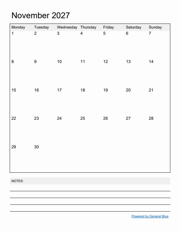 Basic Monthly Calendar Template for November 2027