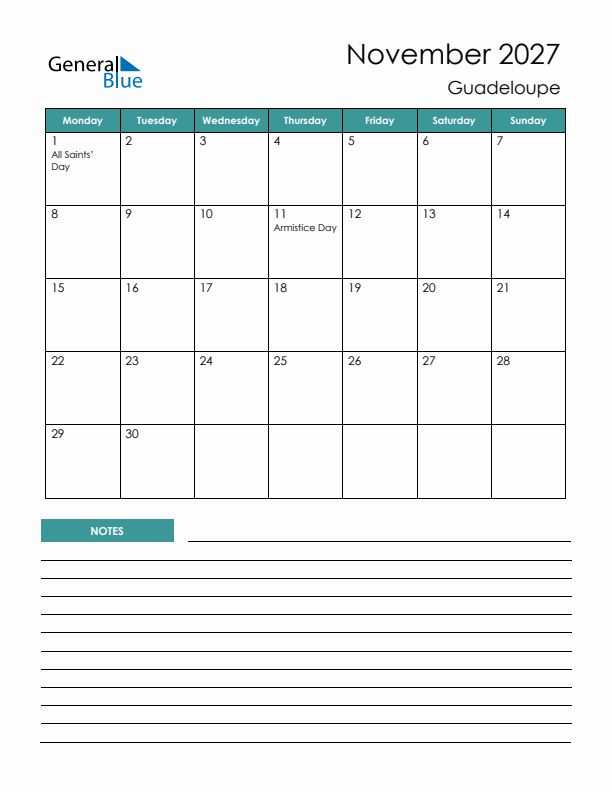 Calendar with Notes Printable - Monday Start