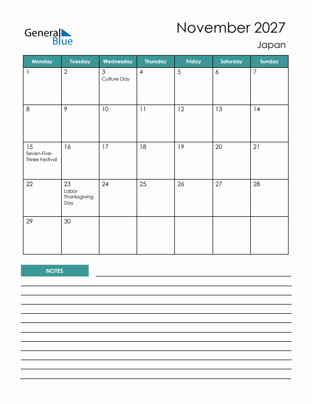 Calendar with Notes Printable - Monday Start