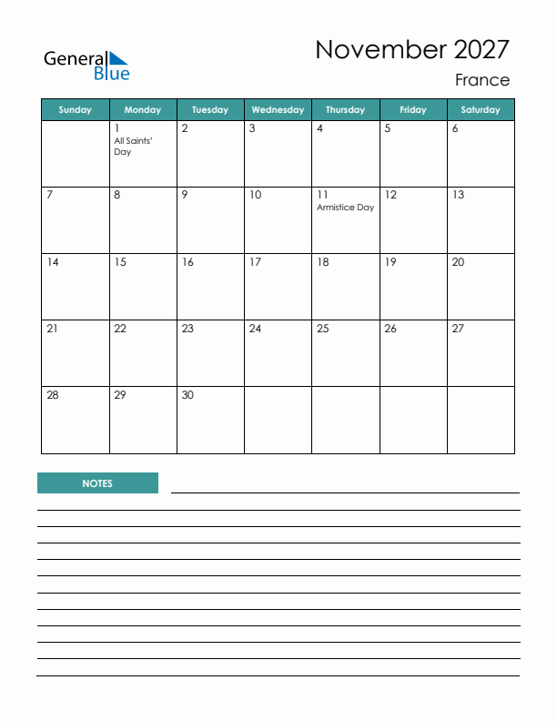 Calendar with Notes Printable - Sunday Start