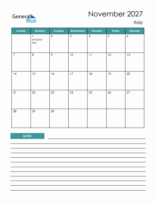 Calendar with Notes Printable - Sunday Start