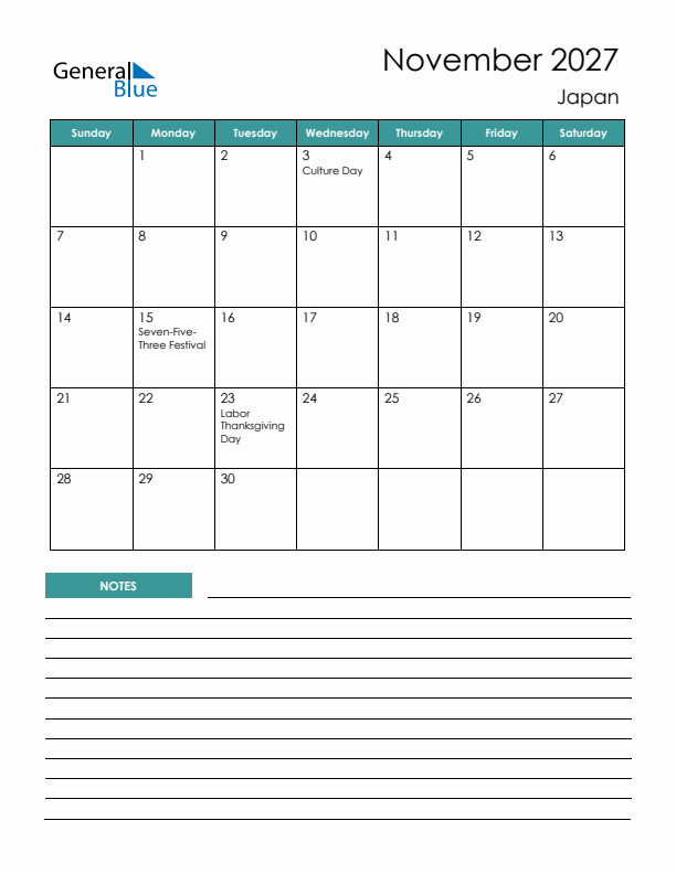 Calendar with Notes Printable - Sunday Start