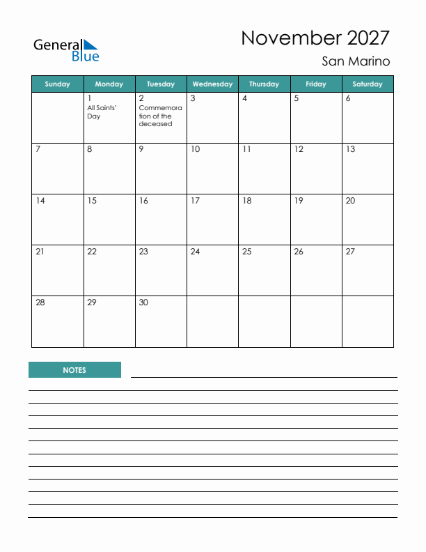 Calendar with Notes Printable - Sunday Start