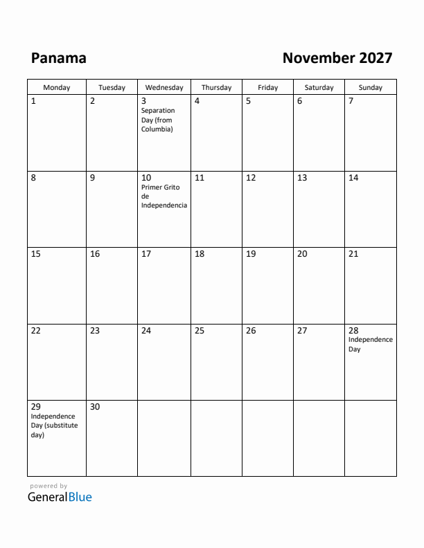 November 2027 Calendar with Panama Holidays