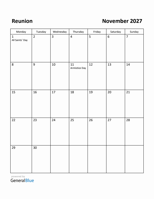 November 2027 Calendar with Reunion Holidays