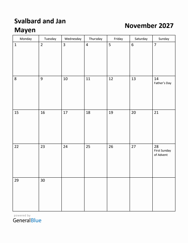 November 2027 Calendar with Svalbard and Jan Mayen Holidays