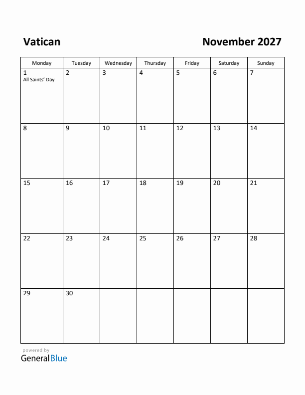 November 2027 Calendar with Vatican Holidays