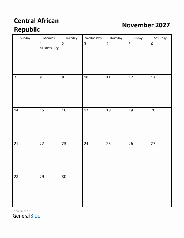 November 2027 Calendar with Central African Republic Holidays