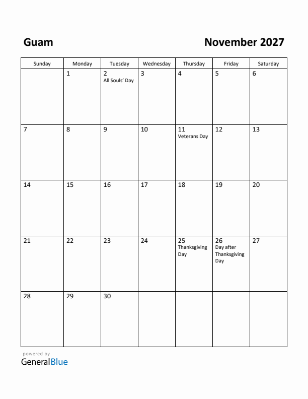 November 2027 Calendar with Guam Holidays