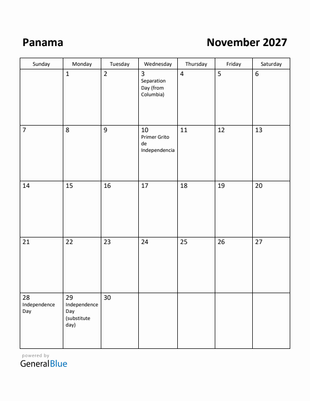 November 2027 Calendar with Panama Holidays