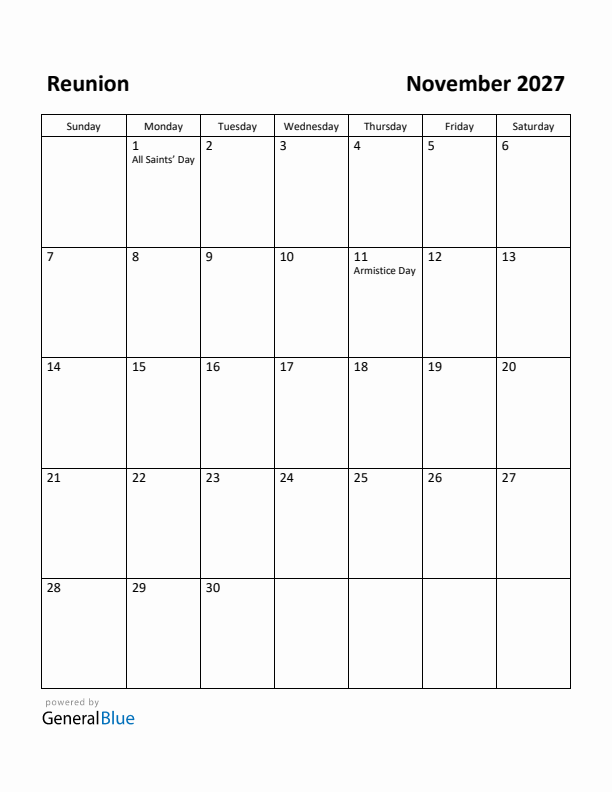 November 2027 Calendar with Reunion Holidays