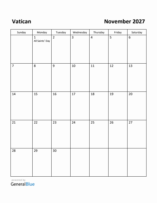 November 2027 Calendar with Vatican Holidays