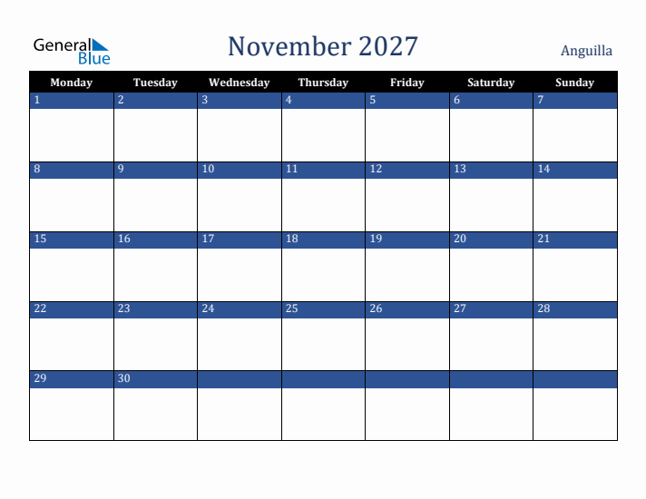 November 2027 Anguilla Calendar (Monday Start)