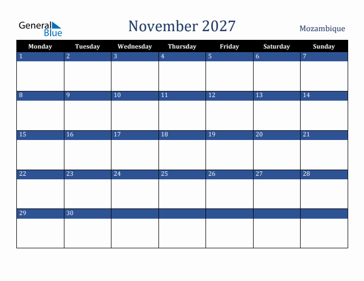 November 2027 Mozambique Calendar (Monday Start)