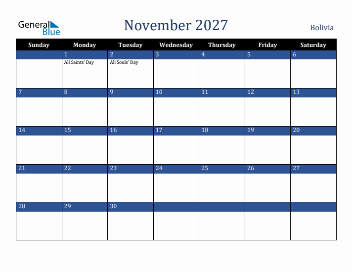 November 2027 Bolivia Calendar (Sunday Start)