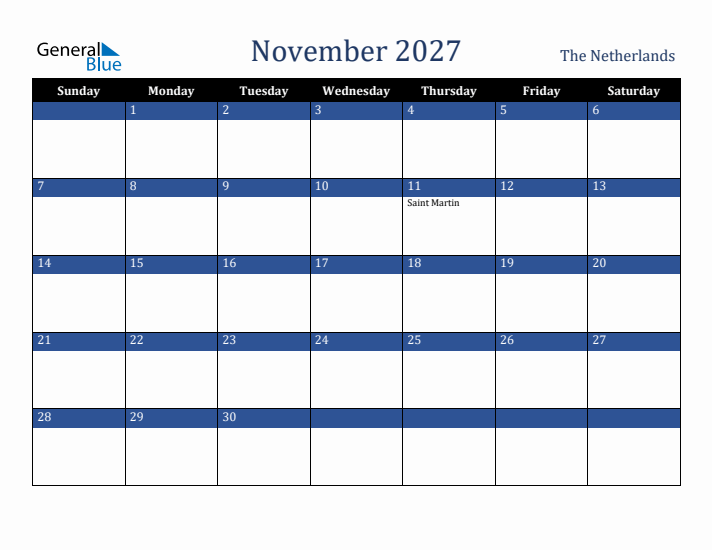 November 2027 The Netherlands Calendar (Sunday Start)