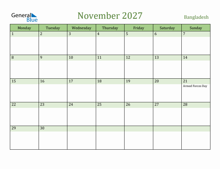 November 2027 Calendar with Bangladesh Holidays