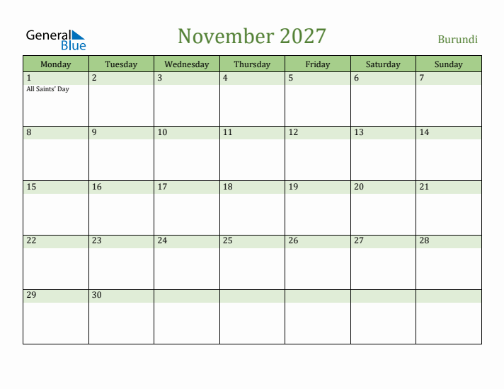 November 2027 Calendar with Burundi Holidays