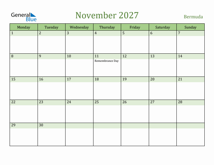 November 2027 Calendar with Bermuda Holidays