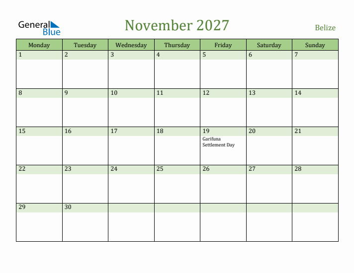 November 2027 Calendar with Belize Holidays