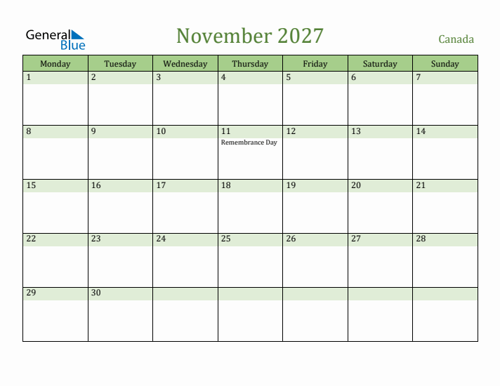 November 2027 Calendar with Canada Holidays