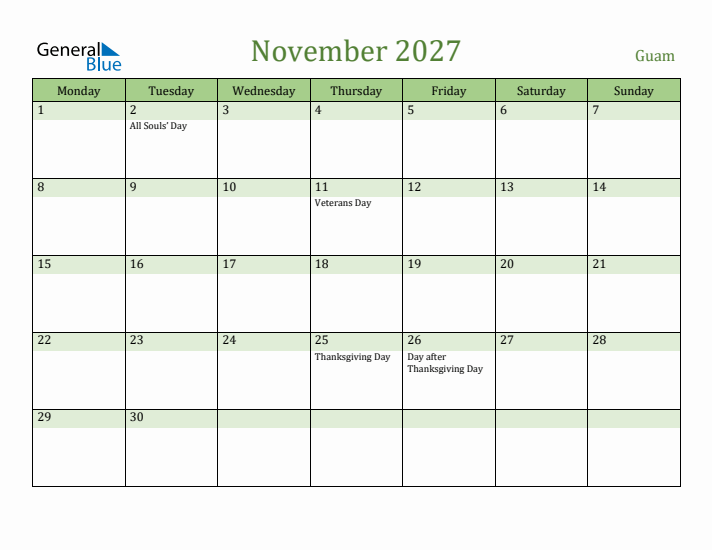 November 2027 Calendar with Guam Holidays