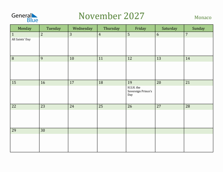 November 2027 Calendar with Monaco Holidays