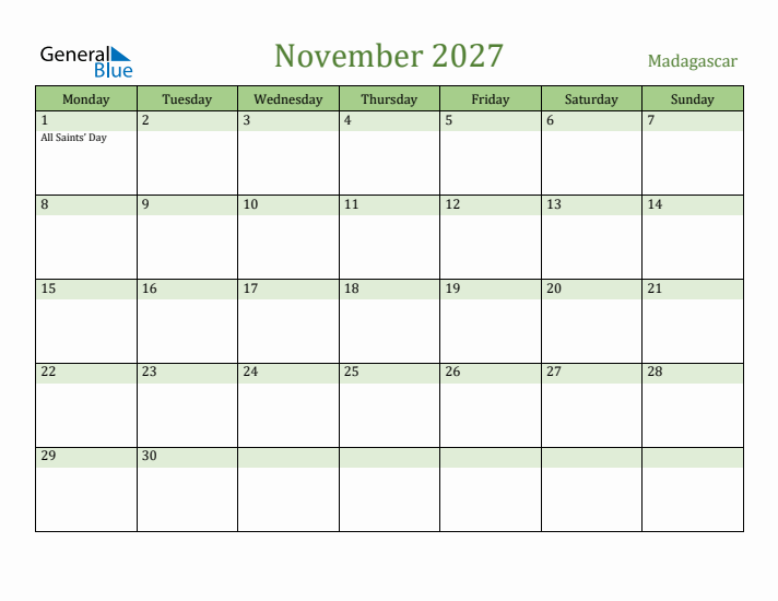 November 2027 Calendar with Madagascar Holidays