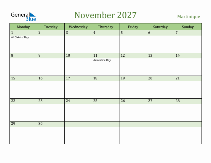 November 2027 Calendar with Martinique Holidays