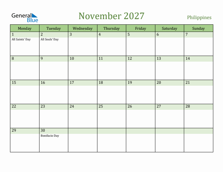 November 2027 Calendar with Philippines Holidays