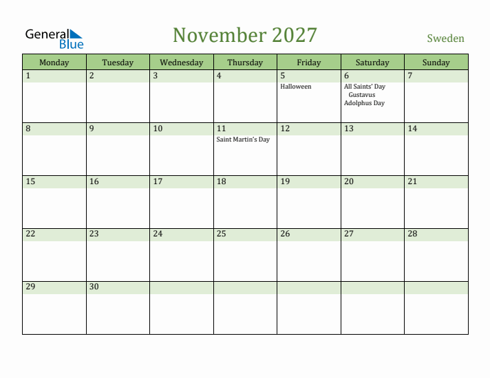 November 2027 Calendar with Sweden Holidays