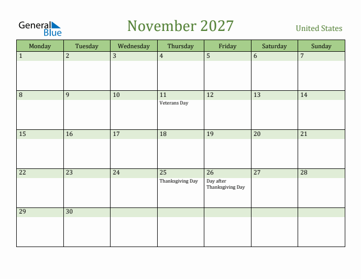 November 2027 Calendar with United States Holidays