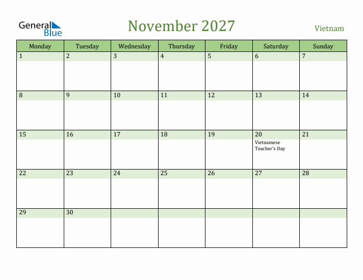 November 2027 Calendar with Vietnam Holidays