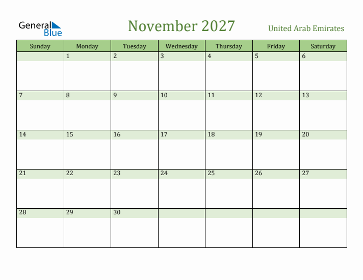 November 2027 Calendar with United Arab Emirates Holidays