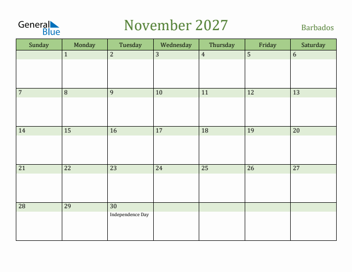 November 2027 Calendar with Barbados Holidays