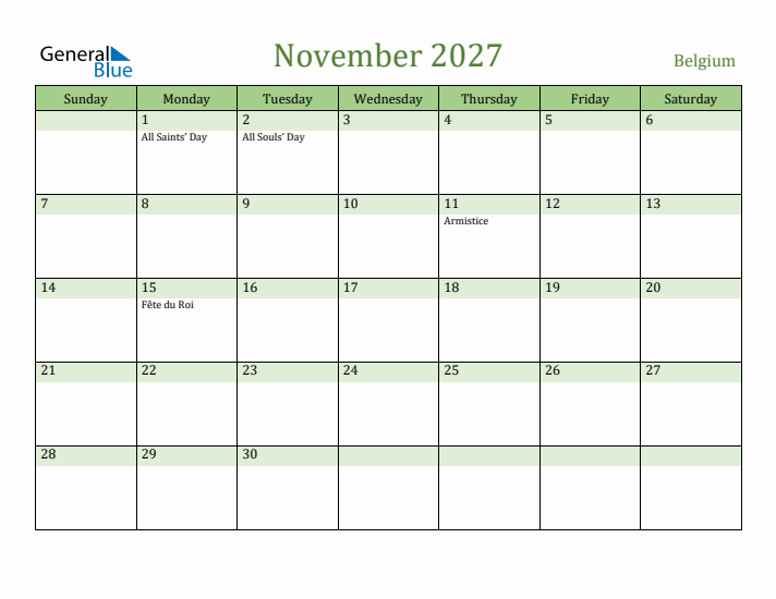 November 2027 Calendar with Belgium Holidays