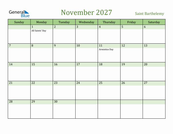 November 2027 Calendar with Saint Barthelemy Holidays