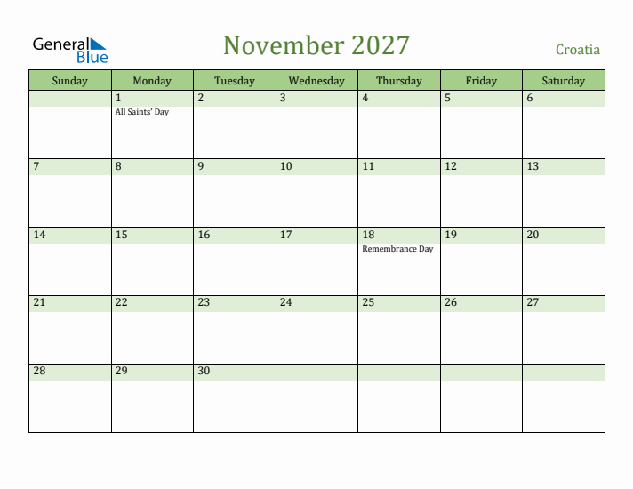 November 2027 Calendar with Croatia Holidays