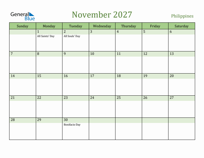 November 2027 Calendar with Philippines Holidays