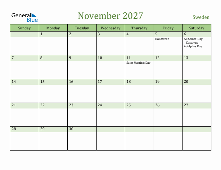 November 2027 Calendar with Sweden Holidays