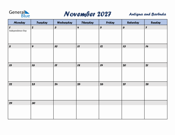 November 2027 Calendar with Holidays in Antigua and Barbuda