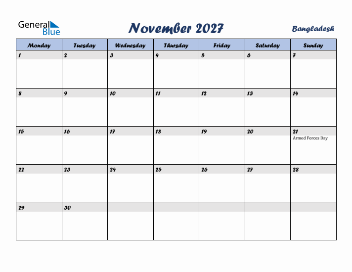 November 2027 Calendar with Holidays in Bangladesh